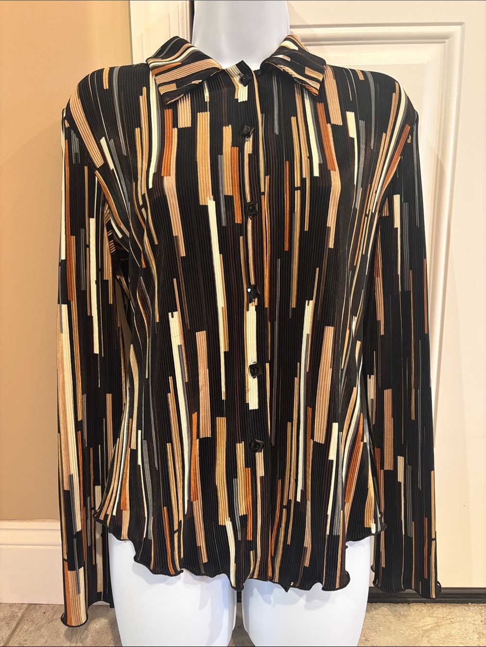 Vintage Penta Pleated Button Down Blouse Top Earth Tone Abstract Striped Size 8